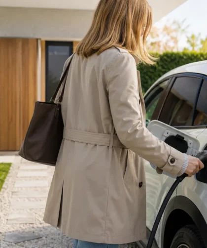 Rangée de voitures électriques neuves garées devant une concession automobile moderne sous ciel dégagé