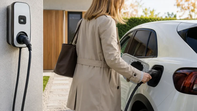 Rangée de voitures électriques neuves garées devant une concession automobile moderne sous ciel dégagé
