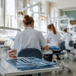 Amphithéâtre universitaire belge rempli d'étudiants en sciences dentaires lors d'un cours magistral