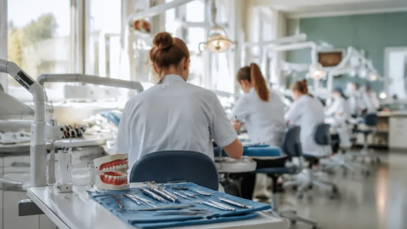 Amphithéâtre universitaire belge rempli d'étudiants en sciences dentaires lors d'un cours magistral