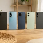 Trois smartphones milieu de gamme posés côte à côte sur une table, vus de dessus, dans un contexte de comparaison