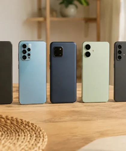 Trois smartphones milieu de gamme posés côte à côte sur une table, vus de dessus, dans un contexte de comparaison