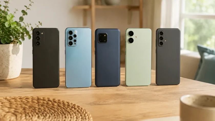 Trois smartphones milieu de gamme posés côte à côte sur une table, vus de dessus, dans un contexte de comparaison