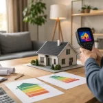 Technicien inspectant une maison individuelle avec une tablette pour évaluer ses performances énergétiques