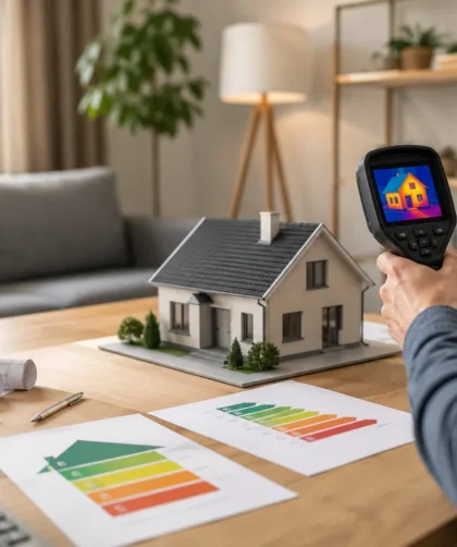 Technicien inspectant une maison individuelle avec une tablette pour évaluer ses performances énergétiques