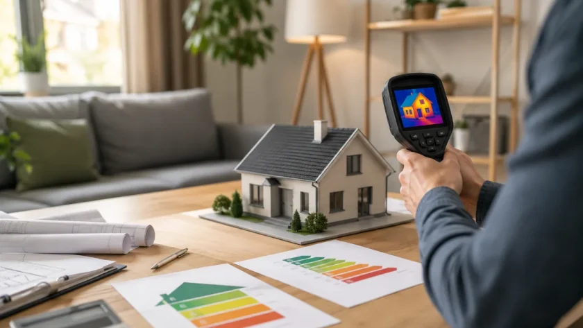 Technicien inspectant une maison individuelle avec une tablette pour évaluer ses performances énergétiques