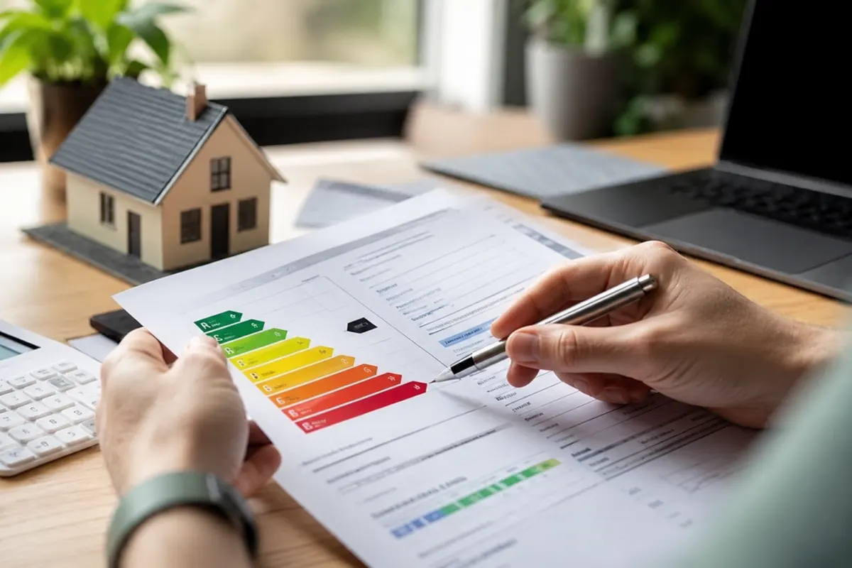 Gros plan sur un rapport d'audit énergétique posé sur une table avec des annotations manuscrites