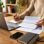 Travailleur indépendant en télétravail consultant des offres de mutuelle santé sur son ordinateur portable