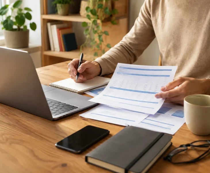 Travailleur indépendant en télétravail consultant des offres de mutuelle santé sur son ordinateur portable