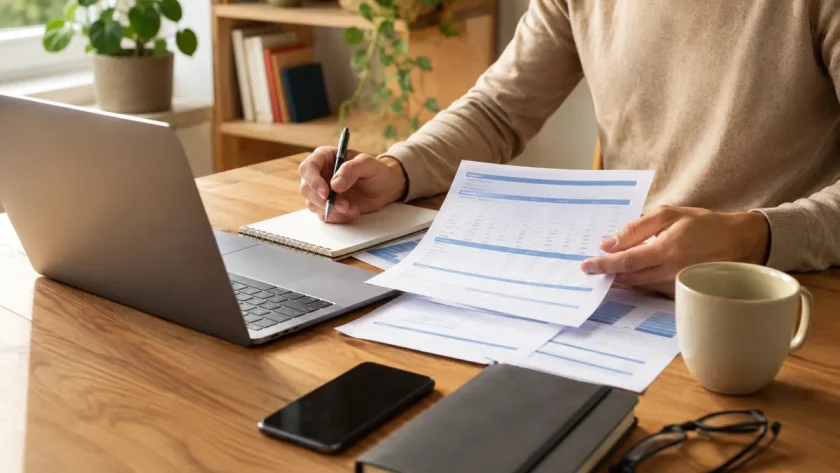 Travailleur indépendant en télétravail consultant des offres de mutuelle santé sur son ordinateur portable
