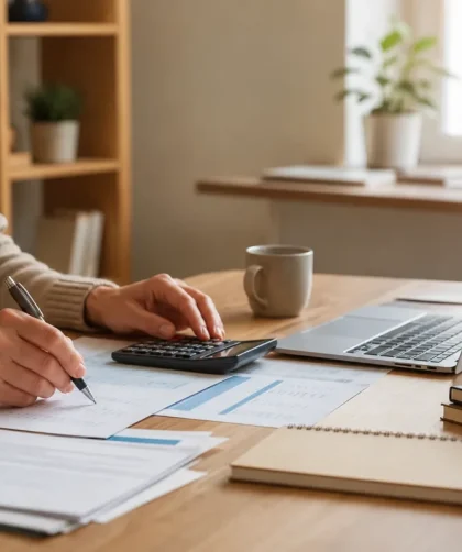 Entrepreneur indépendant assis à son bureau comparant des offres de mutuelle santé sur son ordinateur portable