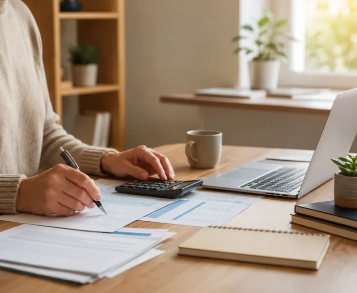 Entrepreneur indépendant assis à son bureau comparant des offres de mutuelle santé sur son ordinateur portable