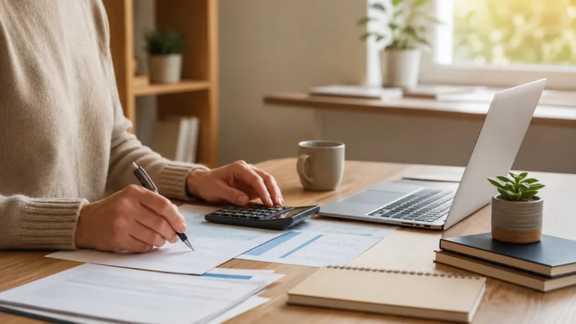 Entrepreneur indépendant assis à son bureau comparant des offres de mutuelle santé sur son ordinateur portable