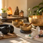 Personne allongée en méditation dans une pièce lumineuse, bols tibétains disposés autour d'elle sur le sol