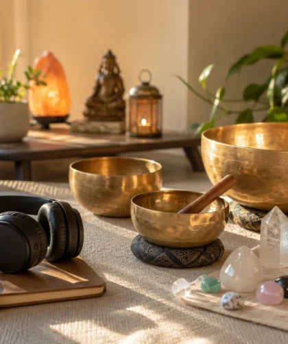 Personne allongée en méditation dans une pièce lumineuse, bols tibétains disposés autour d'elle sur le sol