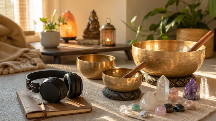 Personne allongée en méditation dans une pièce lumineuse, bols tibétains disposés autour d'elle sur le sol
