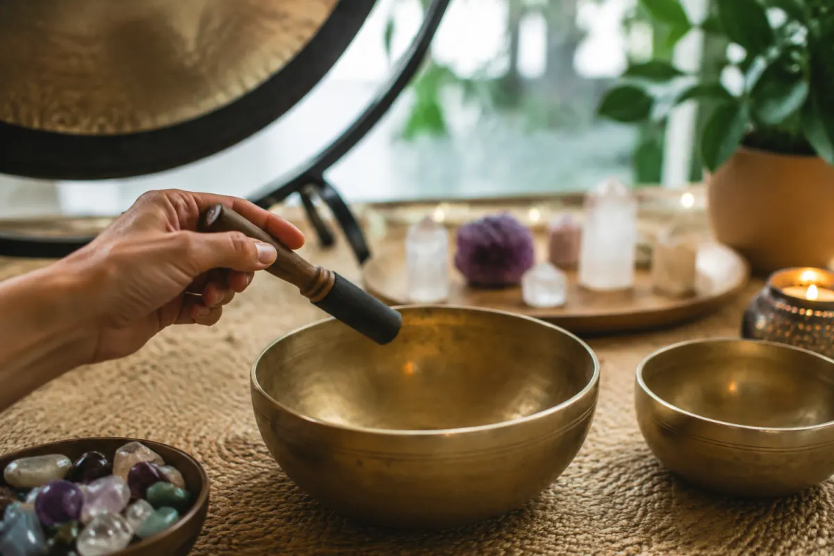 Les 9 fréquences sacrées : liste complète, bienfaits et conseils d'écoute Gros plan sur un bol chantant tibétain en bronze vibrant, légères ondulations visibles sur sa surface