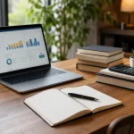 Vue d'ensemble d'un tableau de bord de plateforme de netlinking affiché sur un écran d'ordinateur posé sur un bureau de travail