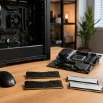 Vue d'ensemble de barrettes de RAM installées sur une carte mère ouverte posée sur un établi