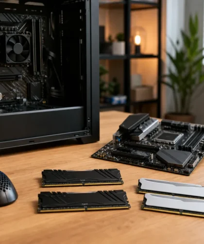Vue d'ensemble de barrettes de RAM installées sur une carte mère ouverte posée sur un établi