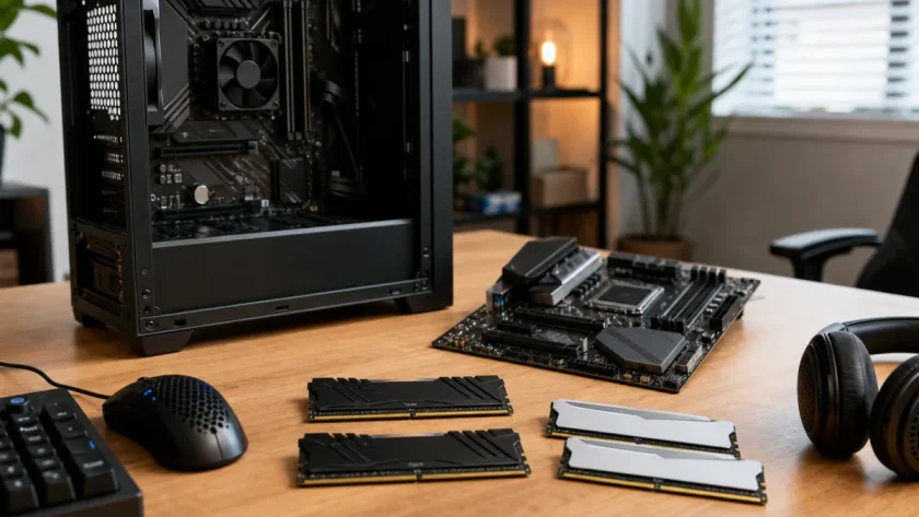 Vue d'ensemble de barrettes de RAM installées sur une carte mère ouverte posée sur un établi