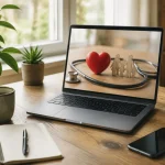 Personne parcourant des offres de mutuelle santé sur un ordinateur portable posé sur un bureau lumineux