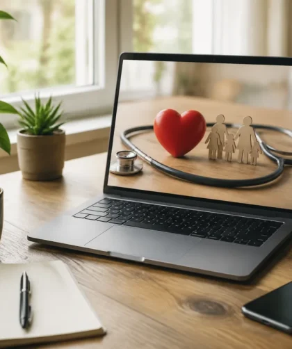 Personne parcourant des offres de mutuelle santé sur un ordinateur portable posé sur un bureau lumineux