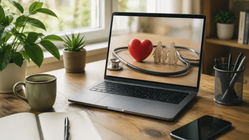 Personne parcourant des offres de mutuelle santé sur un ordinateur portable posé sur un bureau lumineux