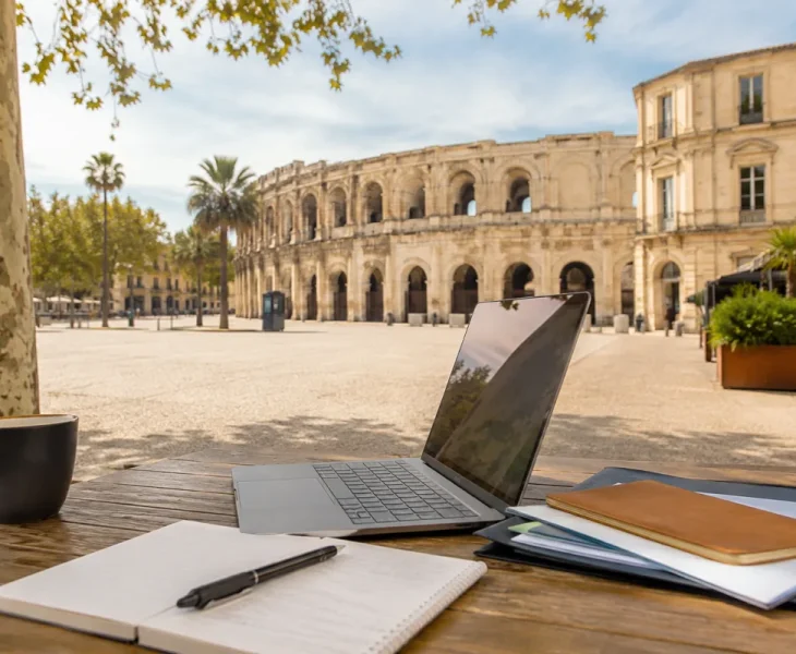 Vue d'ensemble du centre-ville de Nîmes avec ses façades de commerces et d'agences d'assurance en journée