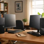 Bureau équipé de deux ordinateurs de marques différentes côte à côte dans un environnement de travail lumineux