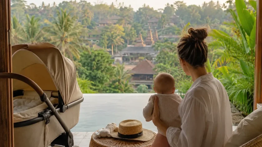 Famille avec un nourrisson installée à l'ombre d'un temple balinais entouré de végétation tropicale
