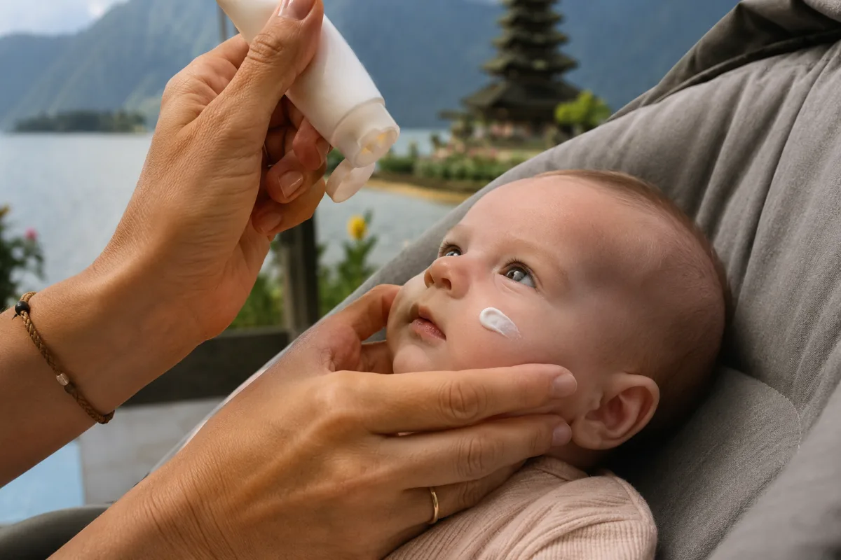 Partir à Bali avec un bébé de 4 mois : ce qu'il faut vraiment savoir Gros plan sur une pochette de voyage contenant couches, crème solaire et carnet de santé d'un bébé