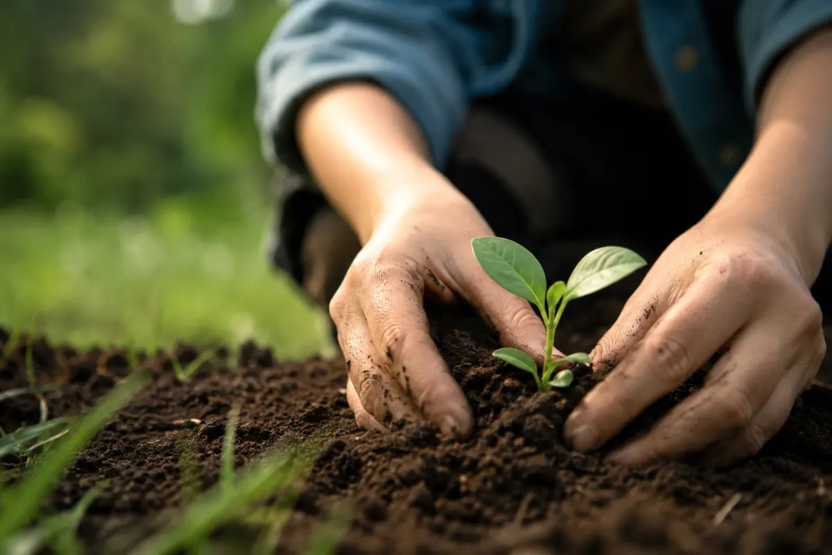 Gros plan sur les mains d'un jeune adulte jardinant dans un potager collectif urbain