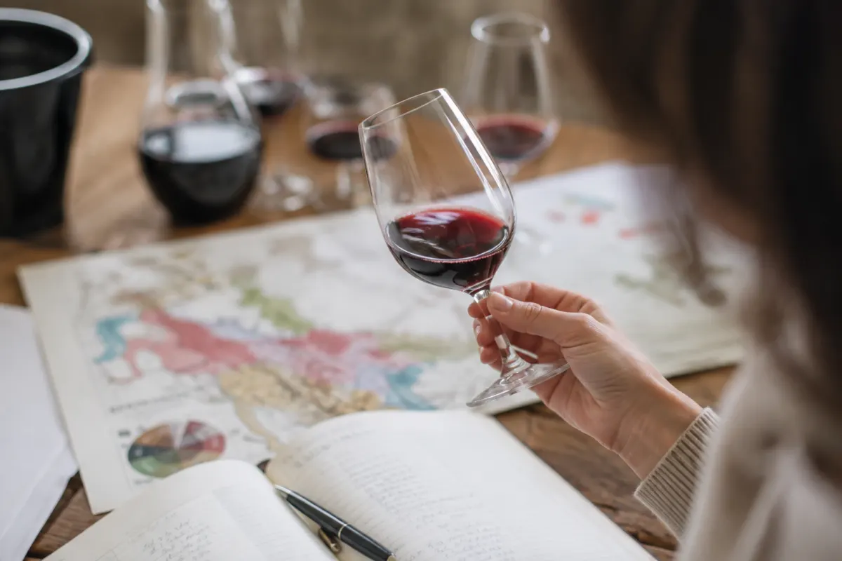 Gros plan sur l'étiquette d'une bouteille de vin et un verre rempli au tiers pour l'analyse visuelle